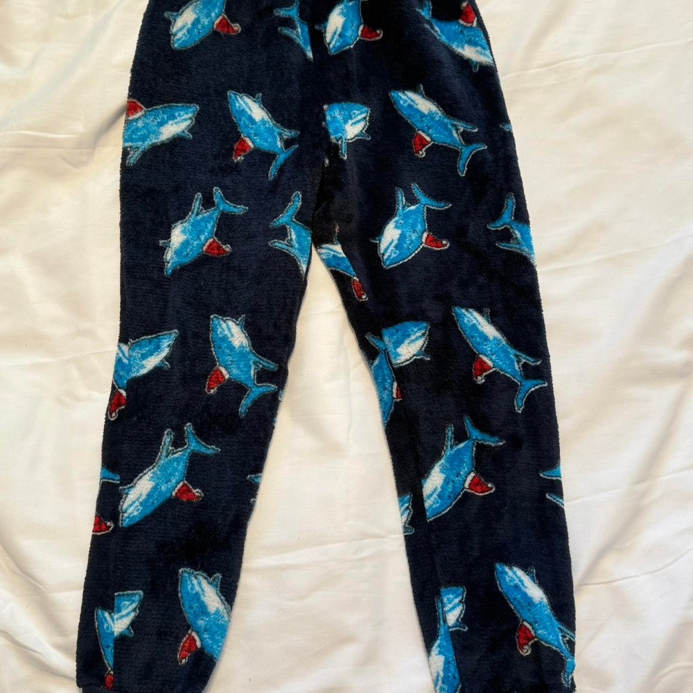 Holiday time boys 6/7 blue shark with Santa hat fuzzy pajama pants